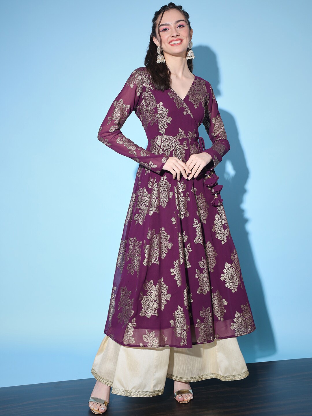 

Aayna Woven Design V-Neck Georgette Angrakha A-Line Kurta, Purple