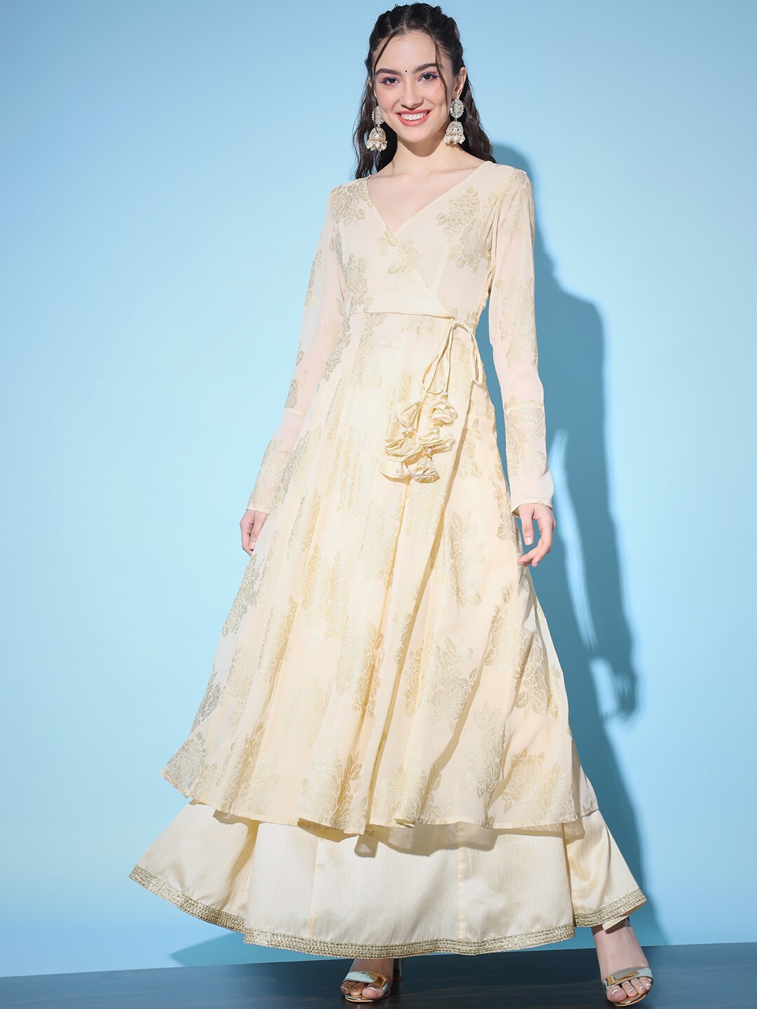 

Aayna Woven Design V-Neck Georgette Angrakha A-Line Kurta, Cream