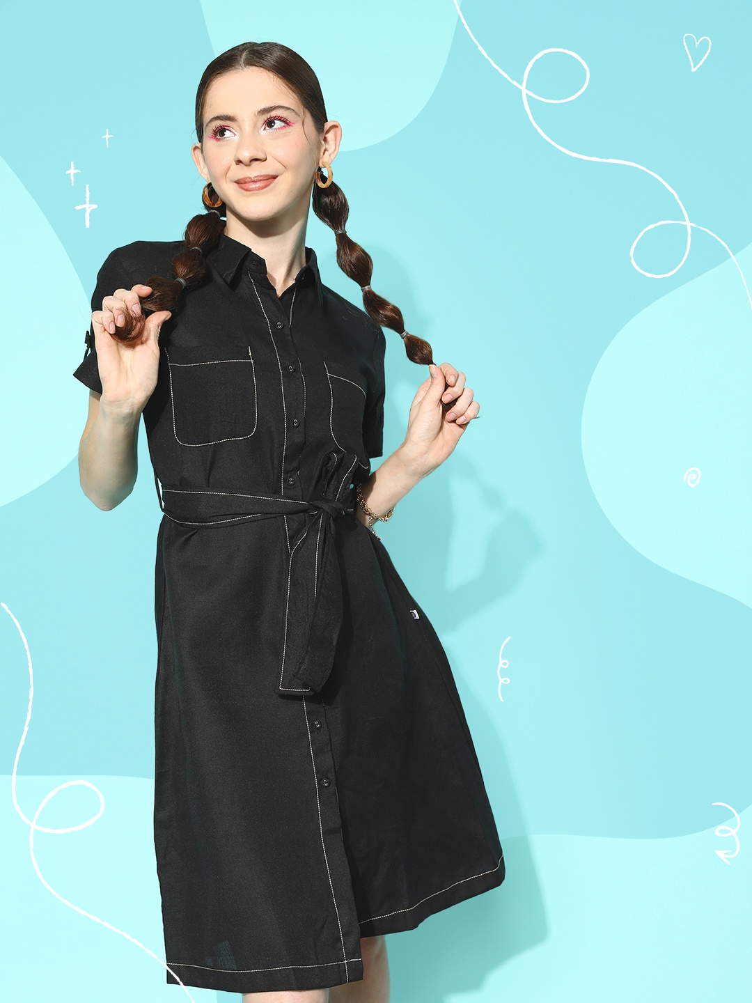 

Bannos Swagger A-Line Dress With Thread Detailing & Tie-Up Belt, Black