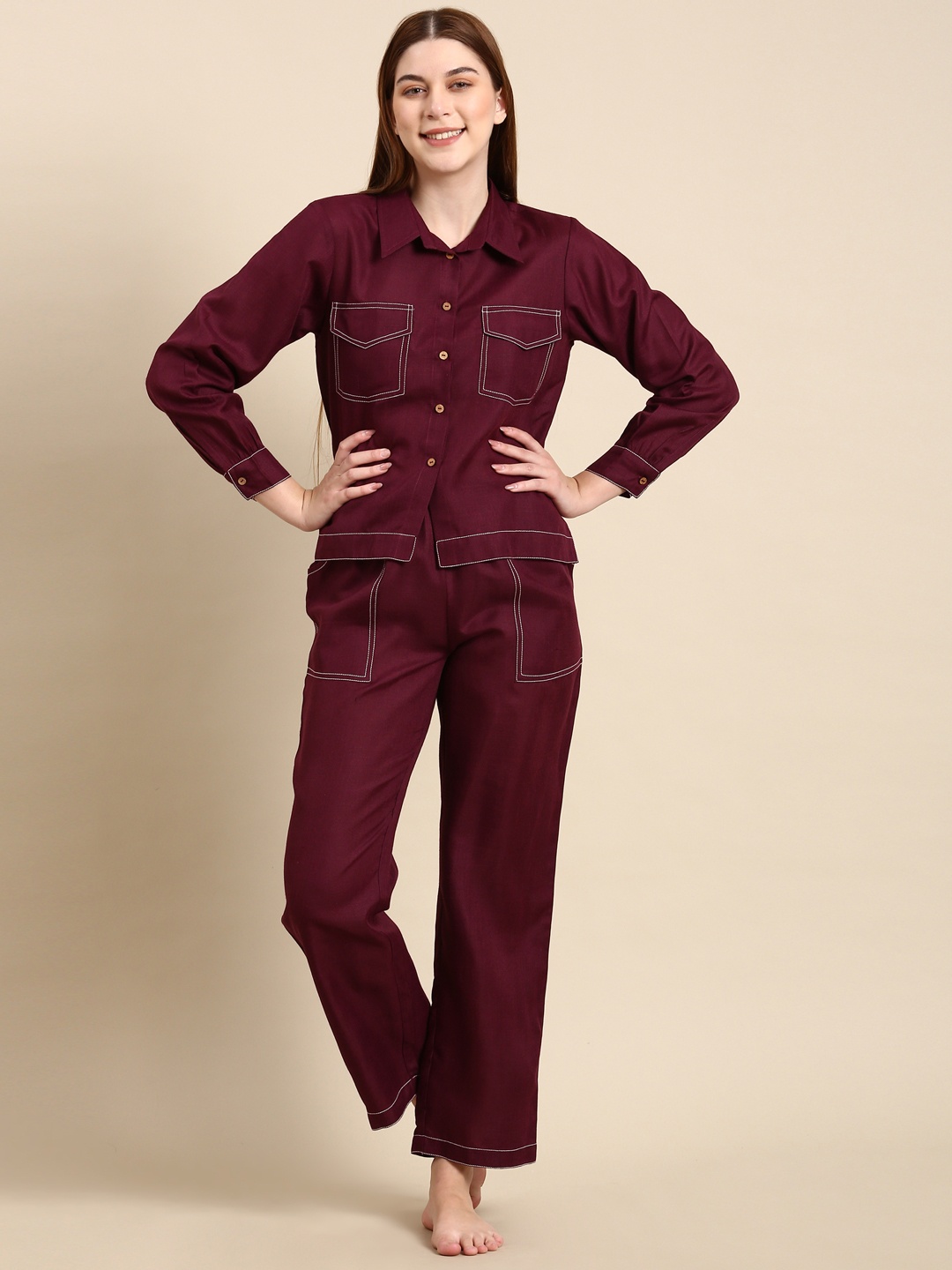 

Bannos Swagger Solid Shirt With Trousers, Burgundy