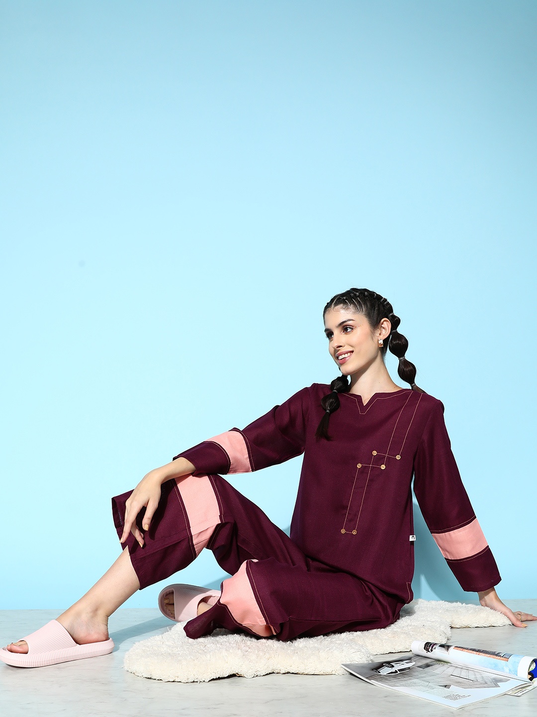 

Bannos Swagger Colourblocked Top With Palazzos, Burgundy