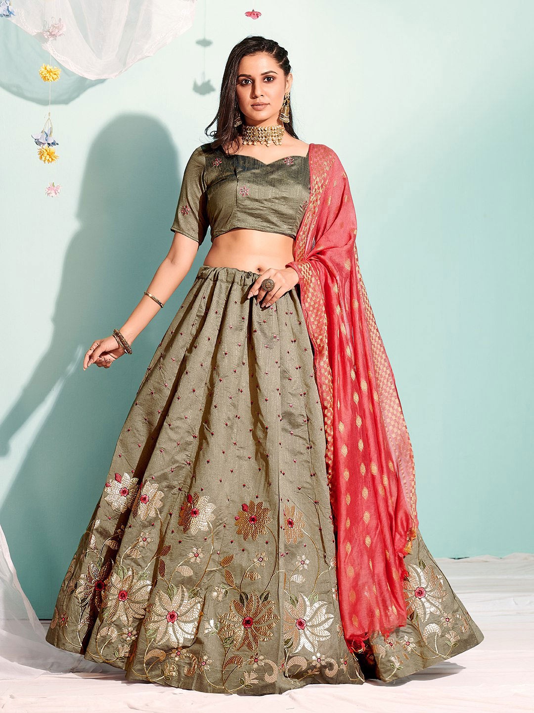 

Fashion Basket Embroidered Lehenga Choli & Unstitched Blouse With Dupatta, Green