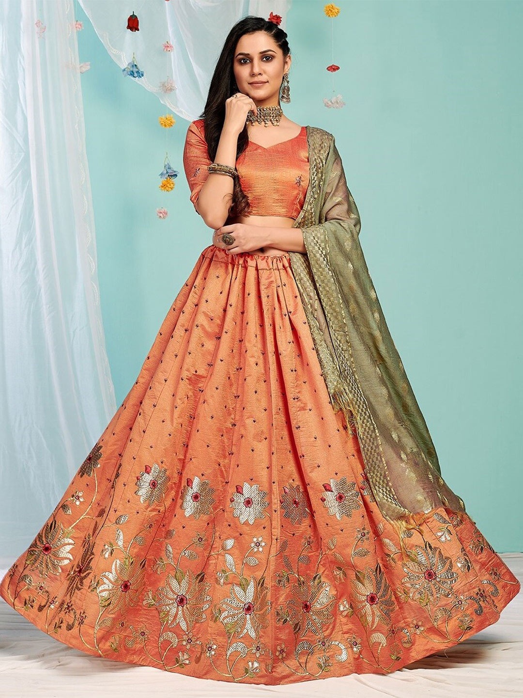 

Fashion Basket Thread Work Lehenga Choli & Unstitched Blouse With Dupatta, Orange