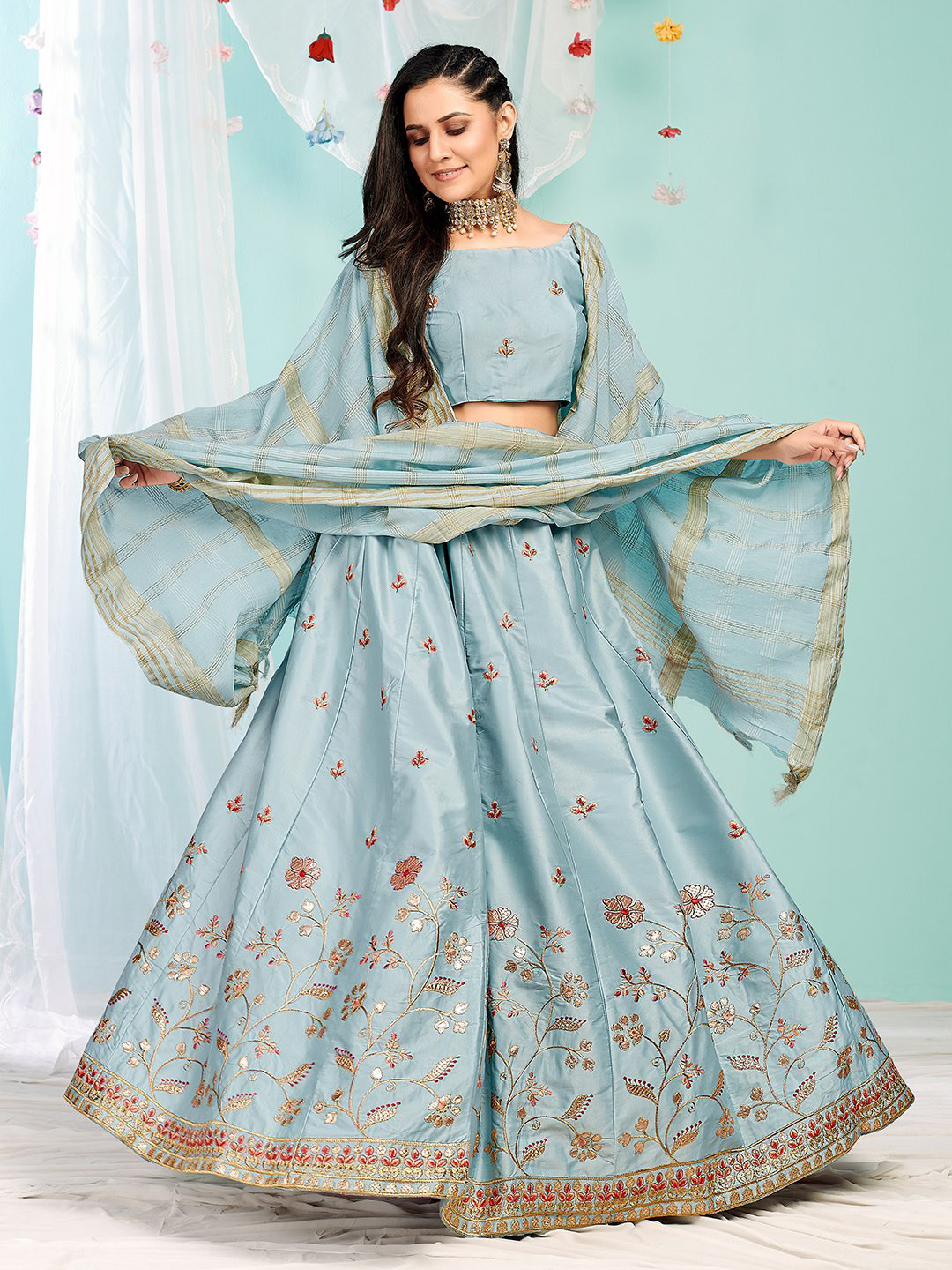 

Fashion Basket Embroidered Semi-Stitched Lehenga & Unstitched Blouse With Dupatta, Blue