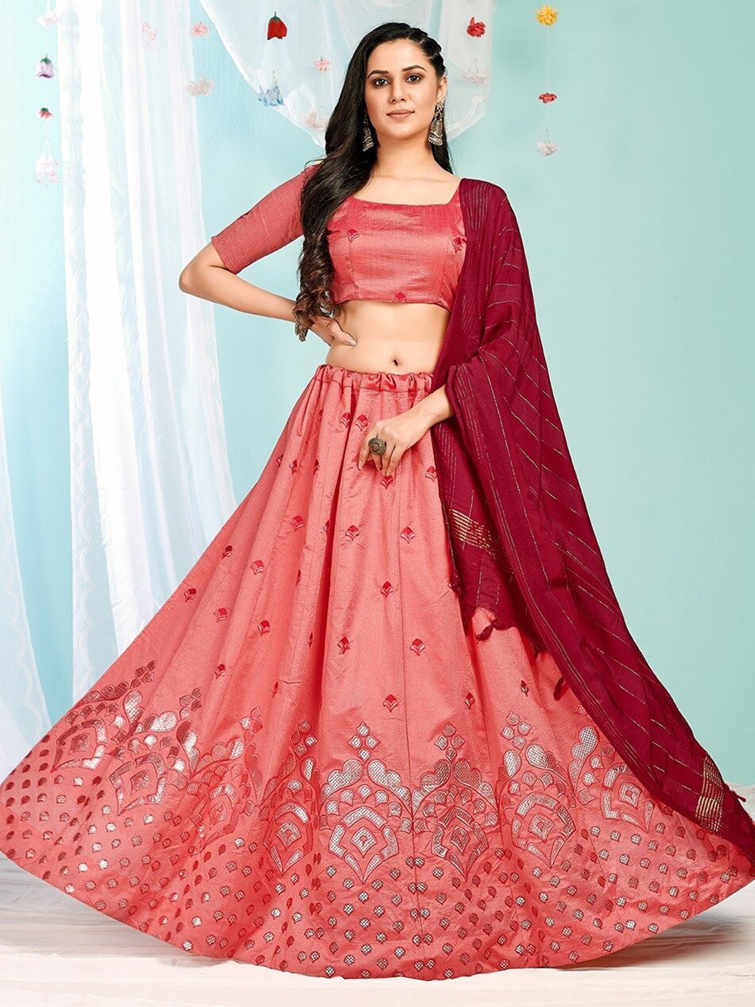 

Fashion Basket Embroidered Semi-Stitched Lehenga & Unstitched Blouse With Dupatta, Peach
