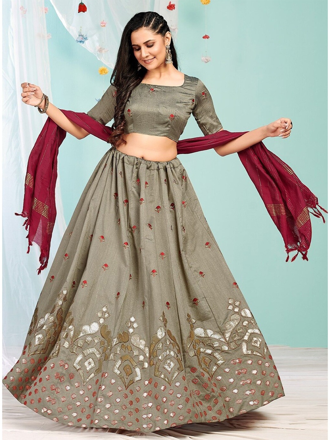 

Fashion Basket Embroidered Semi-Stitched Lehenga & Unstitched Blouse With Dupatta, Green