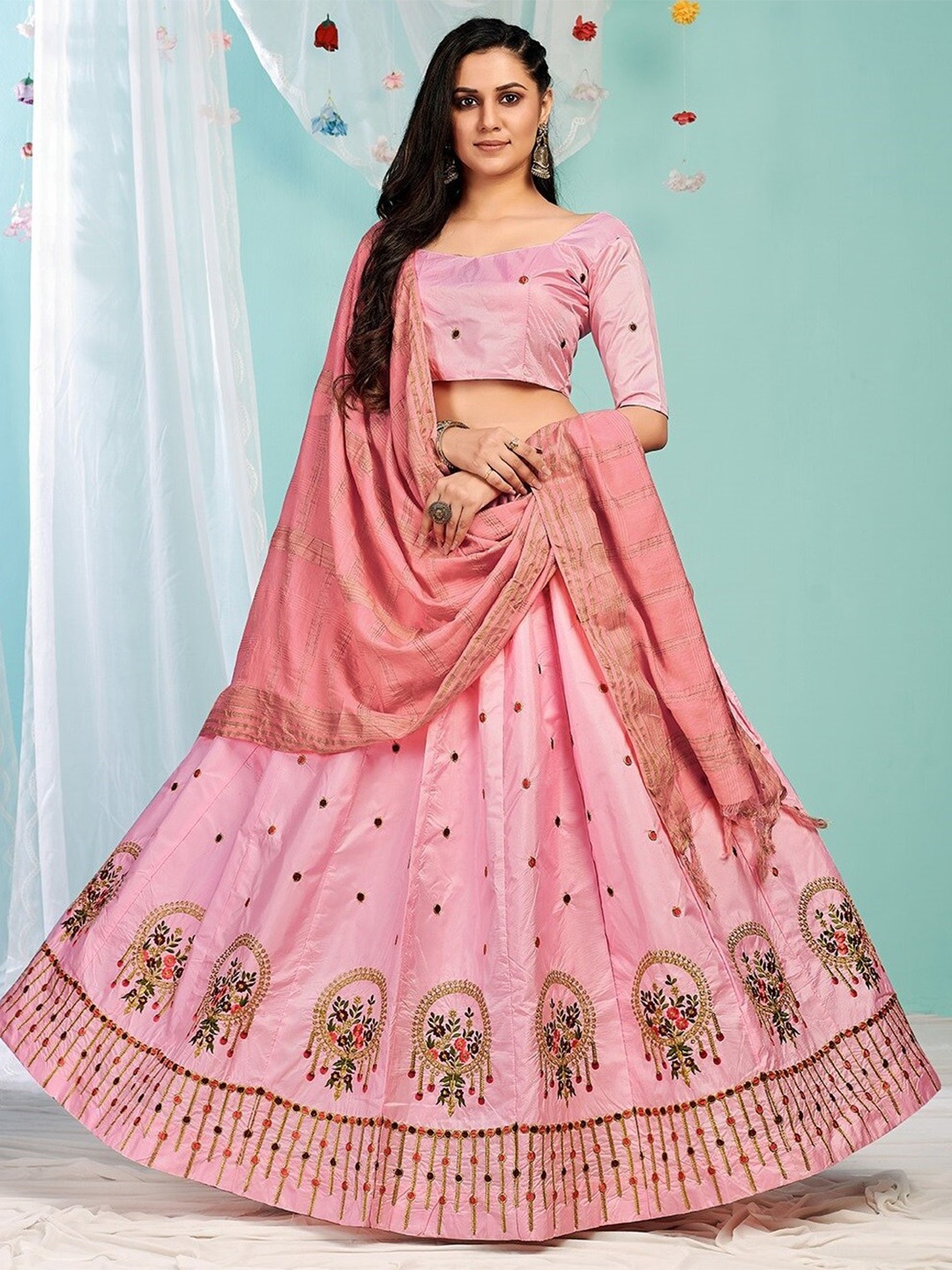 

Fashion Basket Embroidered Semi-Stitched Lehenga & Unstitched Blouse With Dupatta, Pink