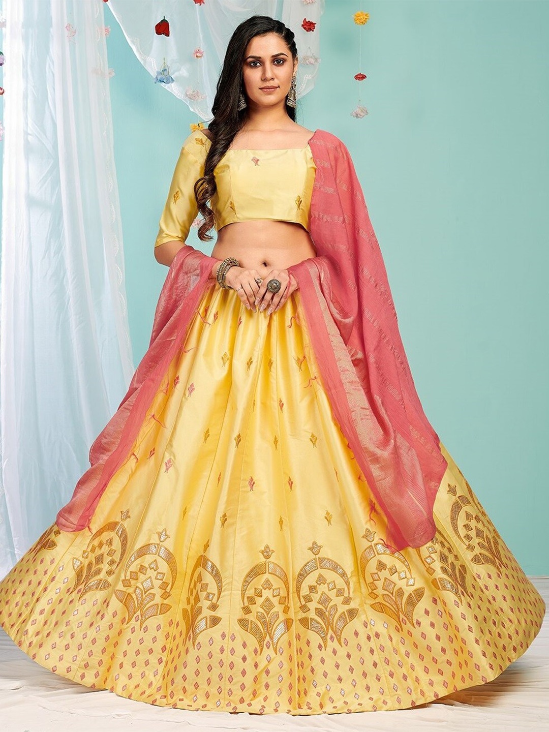 

Fashion Basket Embroidered Semi-Stitched Lehenga & Unstitched Blouse With Dupatta, Yellow
