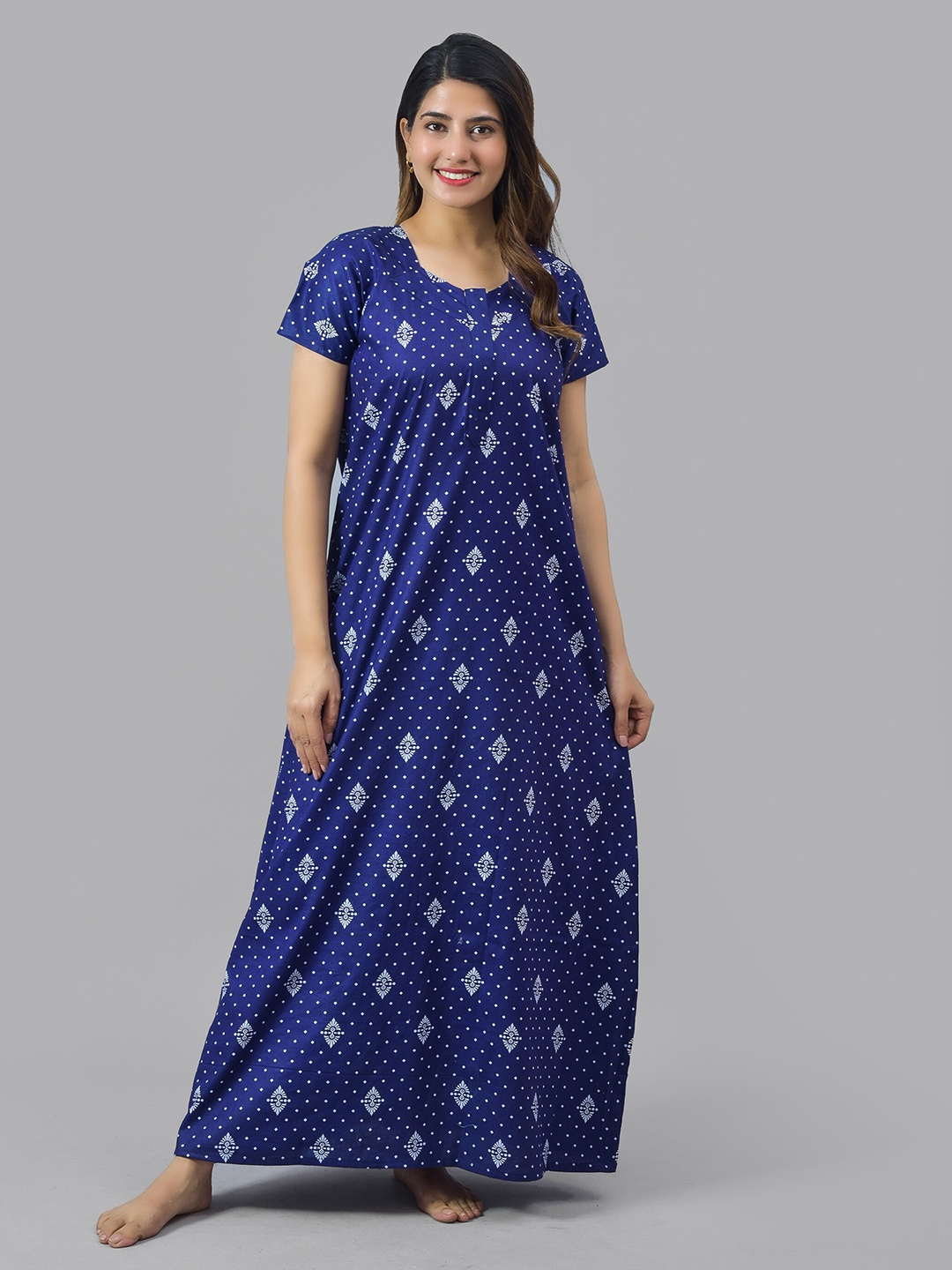 

KALINI Women Ethnic Motifs Printed Pure Cotton Maternity Maxi Nightdress, Blue