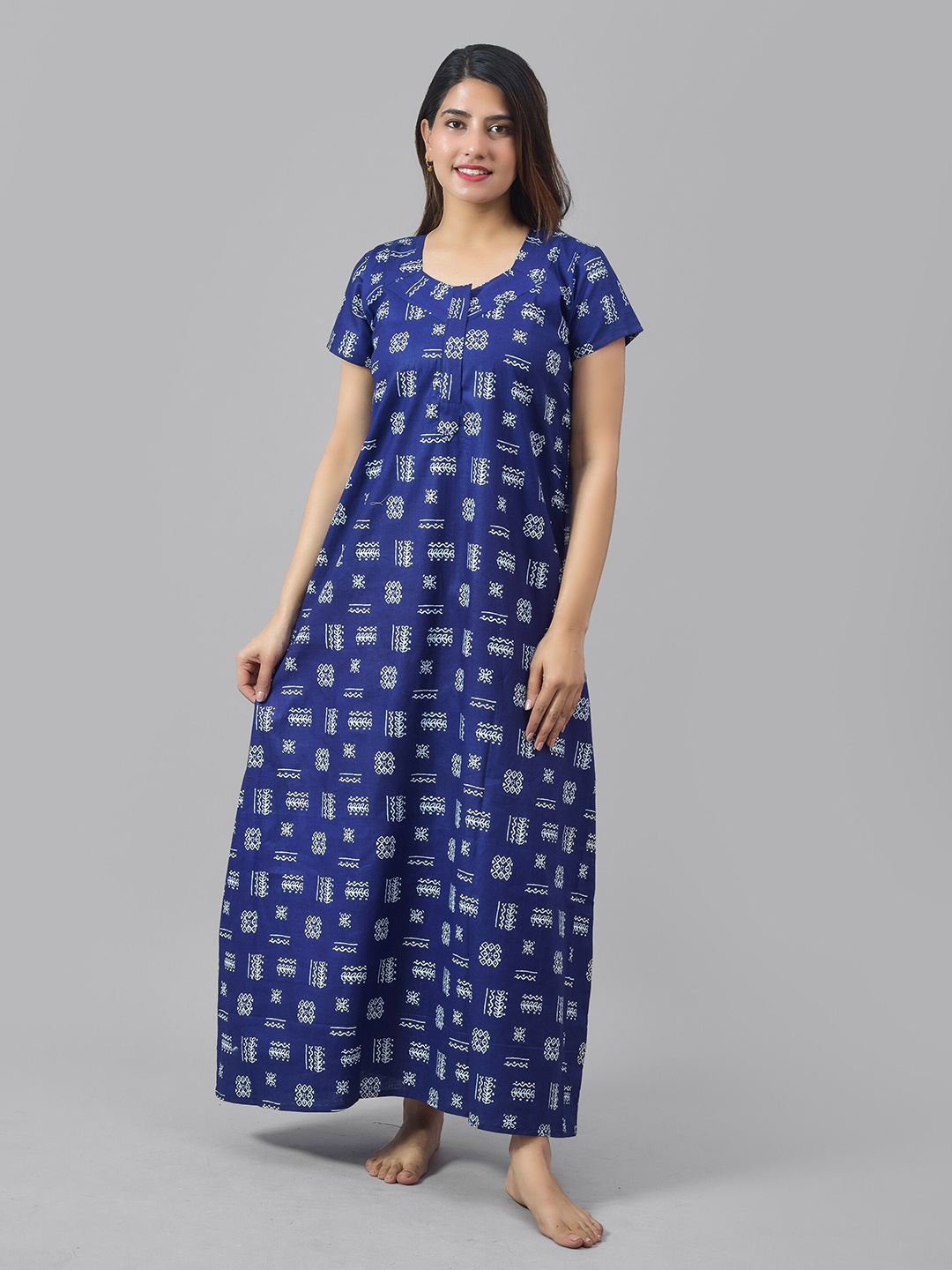 

KALINI Women Ethnic Motifs Printed Pure Cotton Maternity Maxi Nightdress, Blue