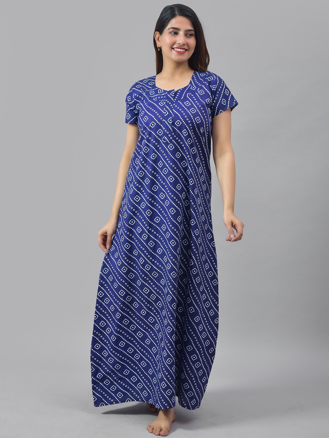 

KALINI Women Ethnic Motifs Printed Pure Cotton Maternity Maxi Nightdress, Blue