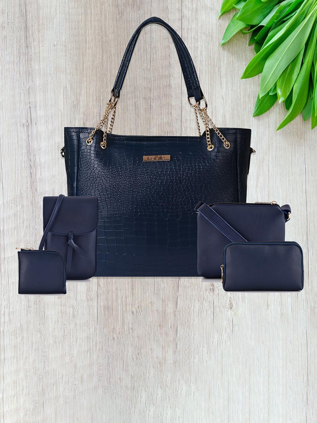 

LaFille Pack Of 5 Textured Structured Handheld Bag, Navy blue