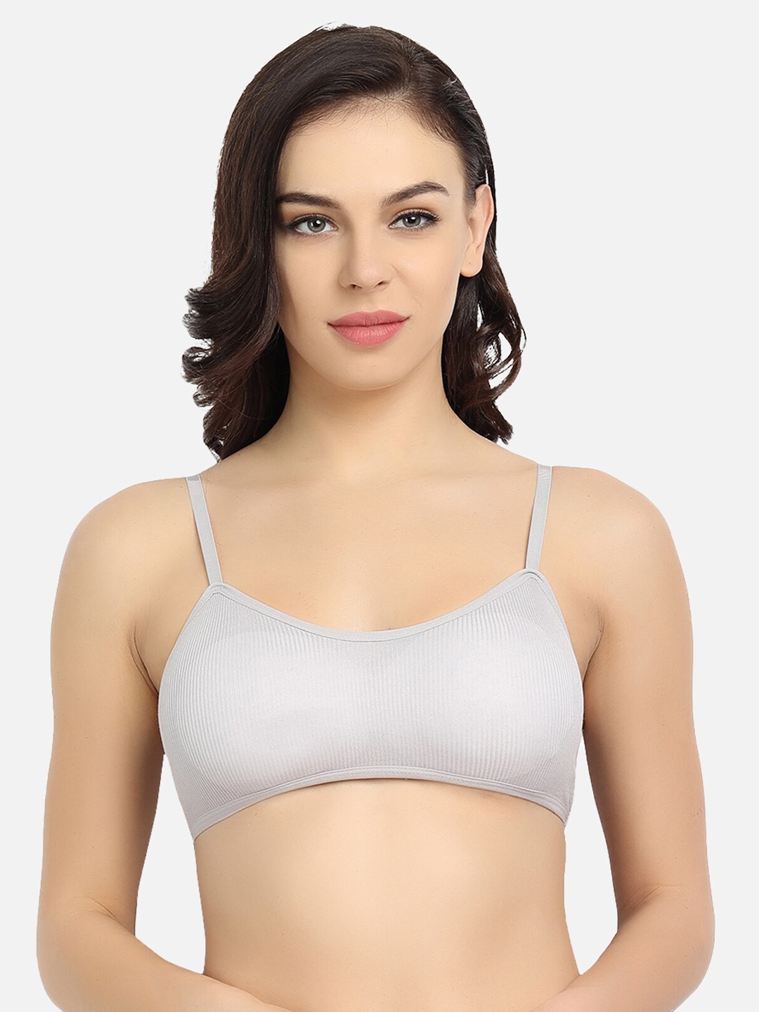 

Flenzy Ribbed Lightly Padded Cotton Seamless Non-Wired Bralette Bra, Grey