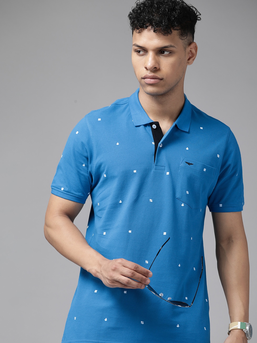

Park Avenue Printed Polo Collar Pure Cotton Slim Fit T-shirt, Blue
