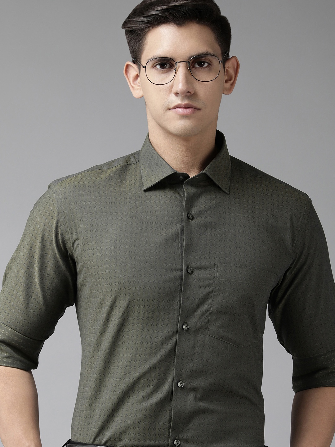 

Park Avenue Pure Cotton Self Design Textured Slim Fit Formal Shirt, Olive