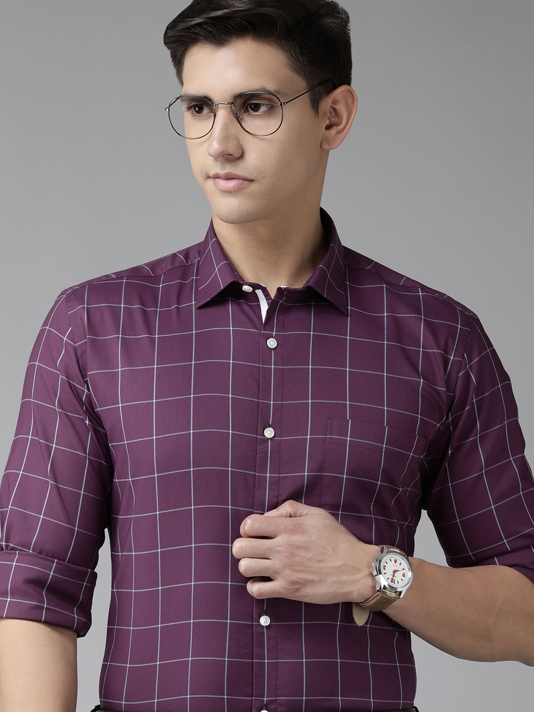 

Park Avenue Slim Fit Windowpane Checked Formal Shirt, Burgundy