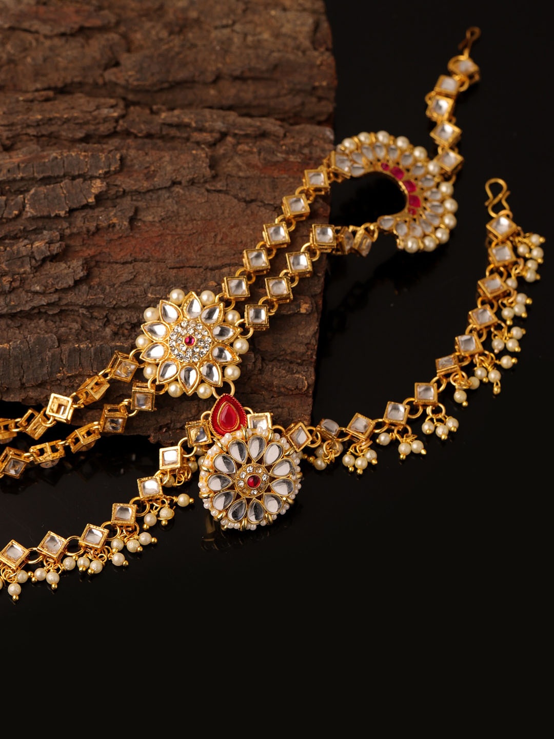 

Sanjog Gold-Plated Kundan-Studded & Beaded Layered Matha Patti, Pink