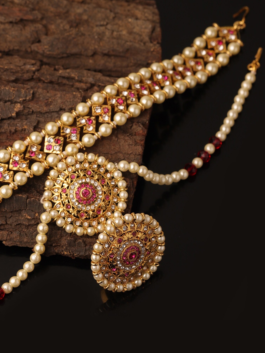 

Sanjog Gold-Plated Kundan-Studded & Beaded Layered Matha Patti, Pink