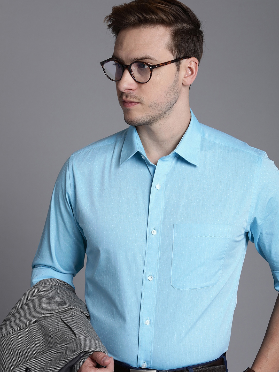 

Raymond Men Pure Cotton Self Design Textured Slim Fit Formal Shirt, Blue