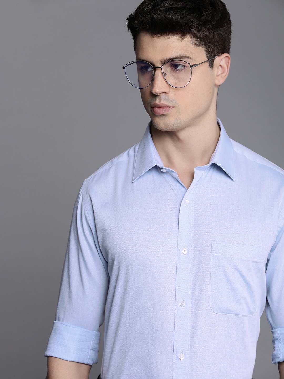 

Raymond Men Pure Cotton Self Design Textured Slim Fit Formal Shirt, Blue