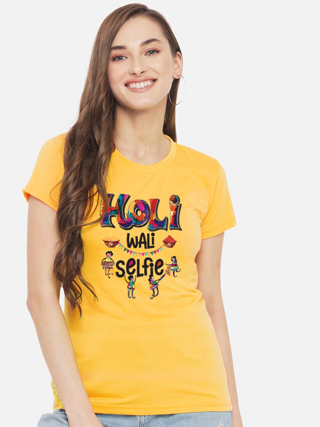 

FFLIRTYGO Women Typography Printed Cotton T-shirt, Yellow