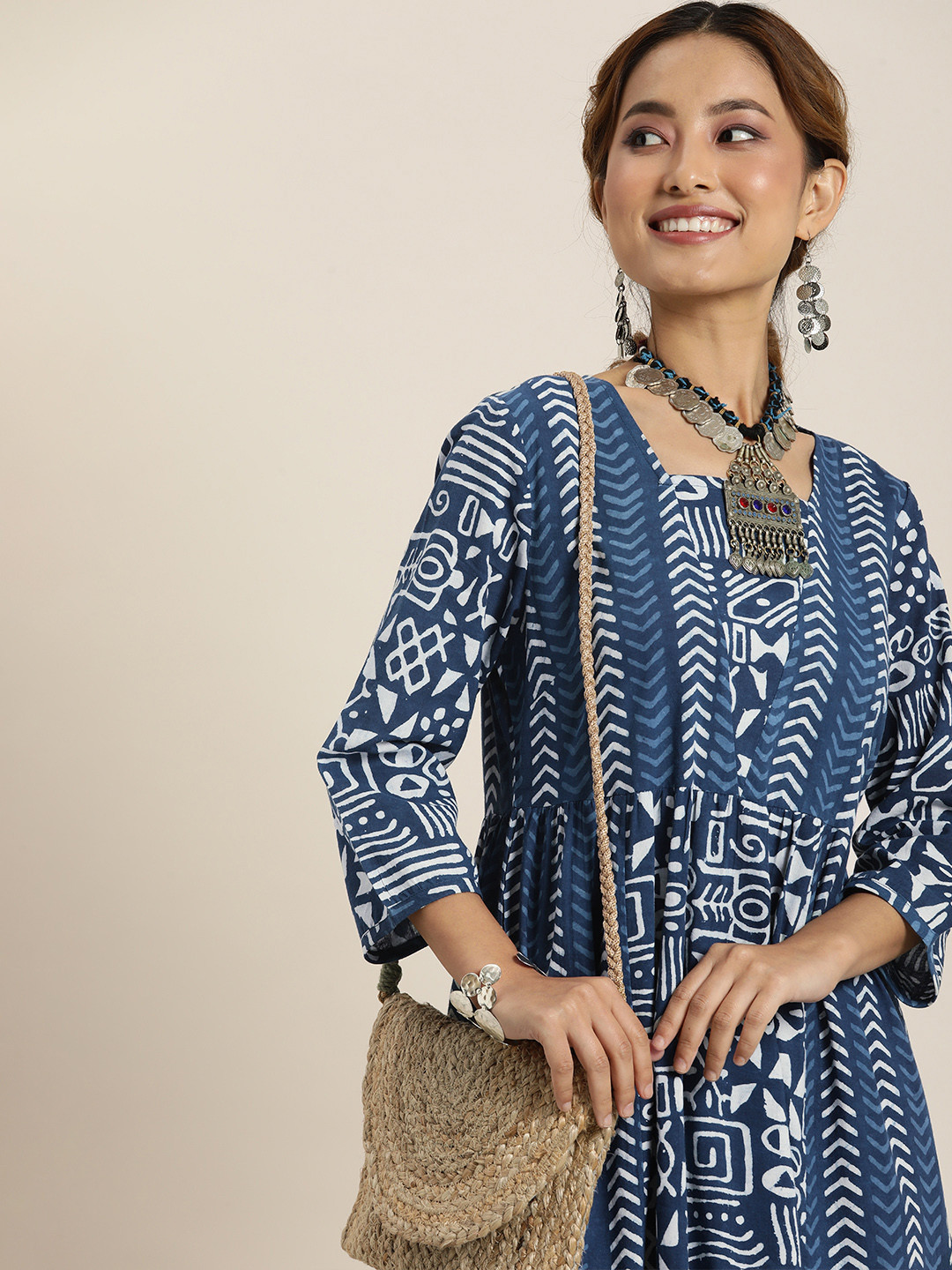 

Taavi Indigo Geometric Printed Pure Cotton Ethnic A-Line Ethnic Dress, Blue