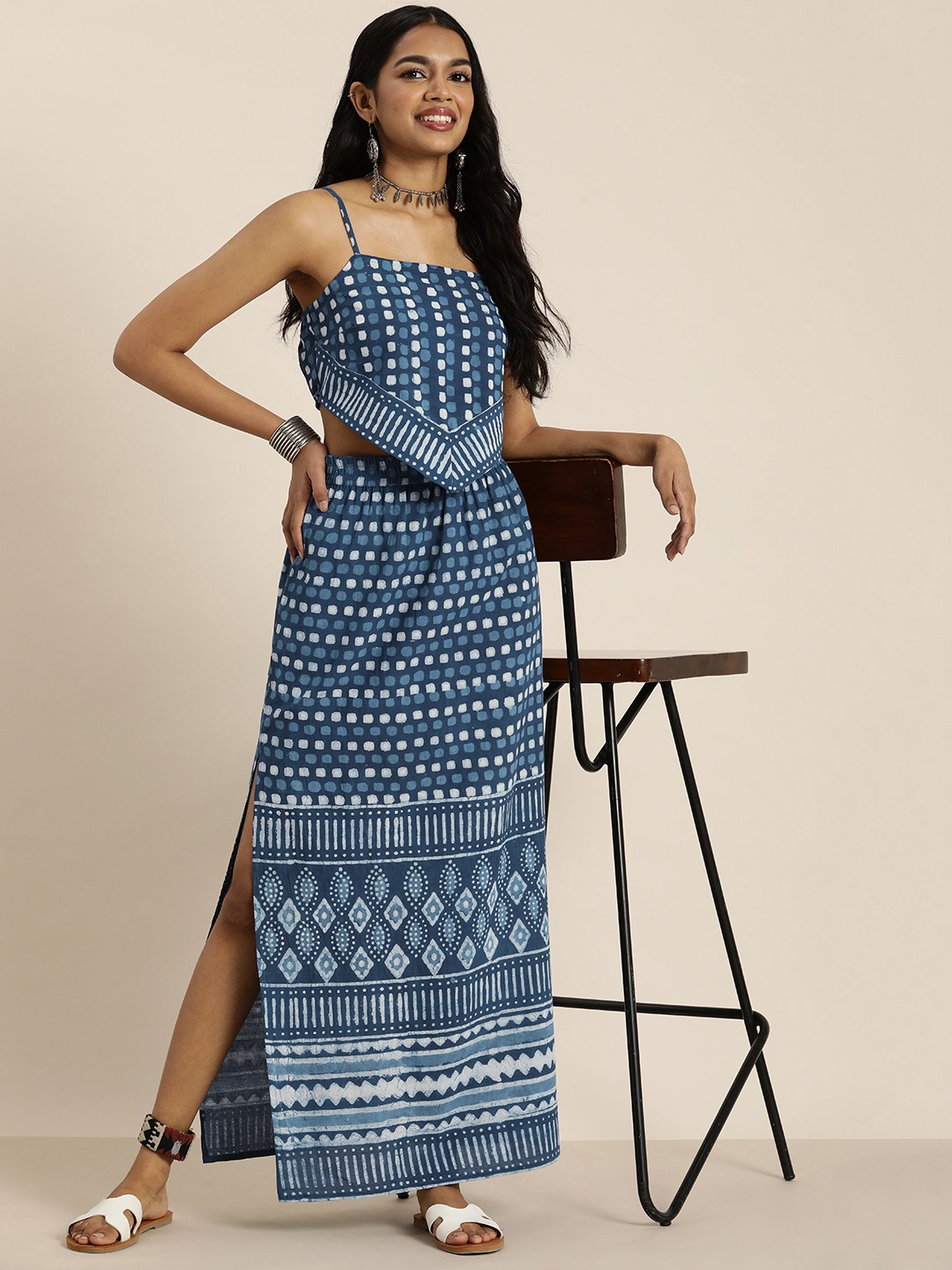 

Taavi Women Indigo Shoulder Straps Cotton Printed Crop Top With Slit Detail Maxi Skirt, Blue