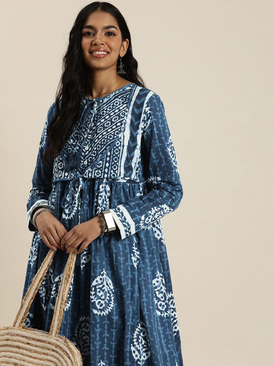 

Taavi Indigo Ethnic Motifs Printed Pure Cotton A-Line Kurta, Blue
