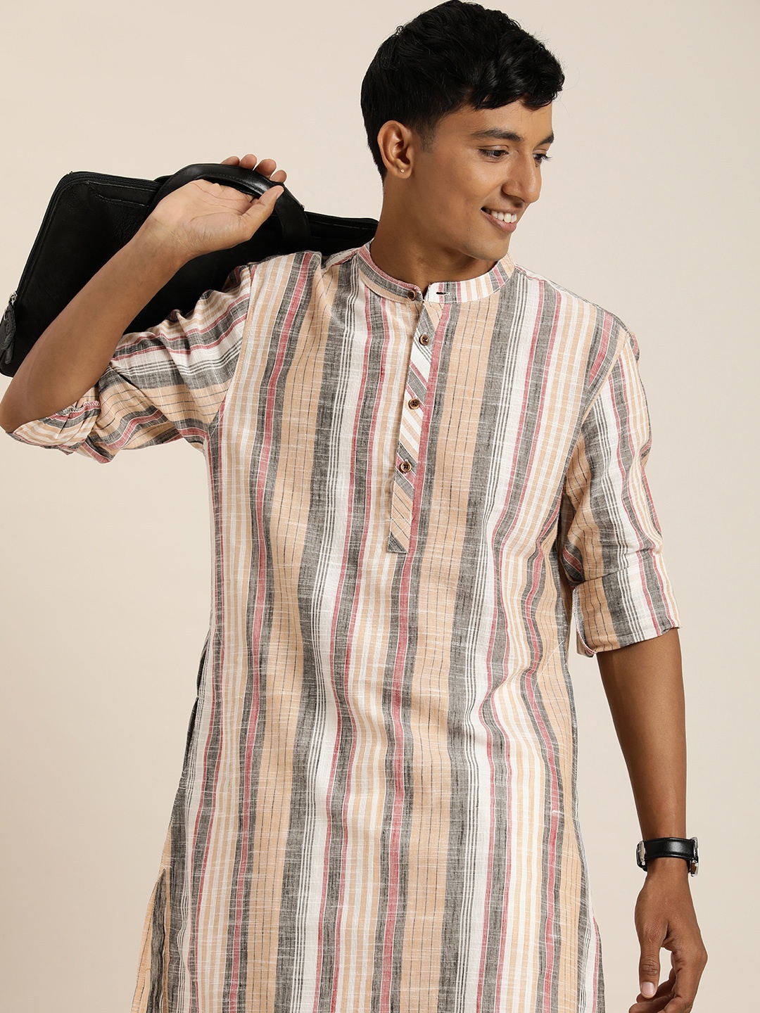 

Taavi Men Woven Legacy Pure Cotton Stripped Kurta Set, Beige
