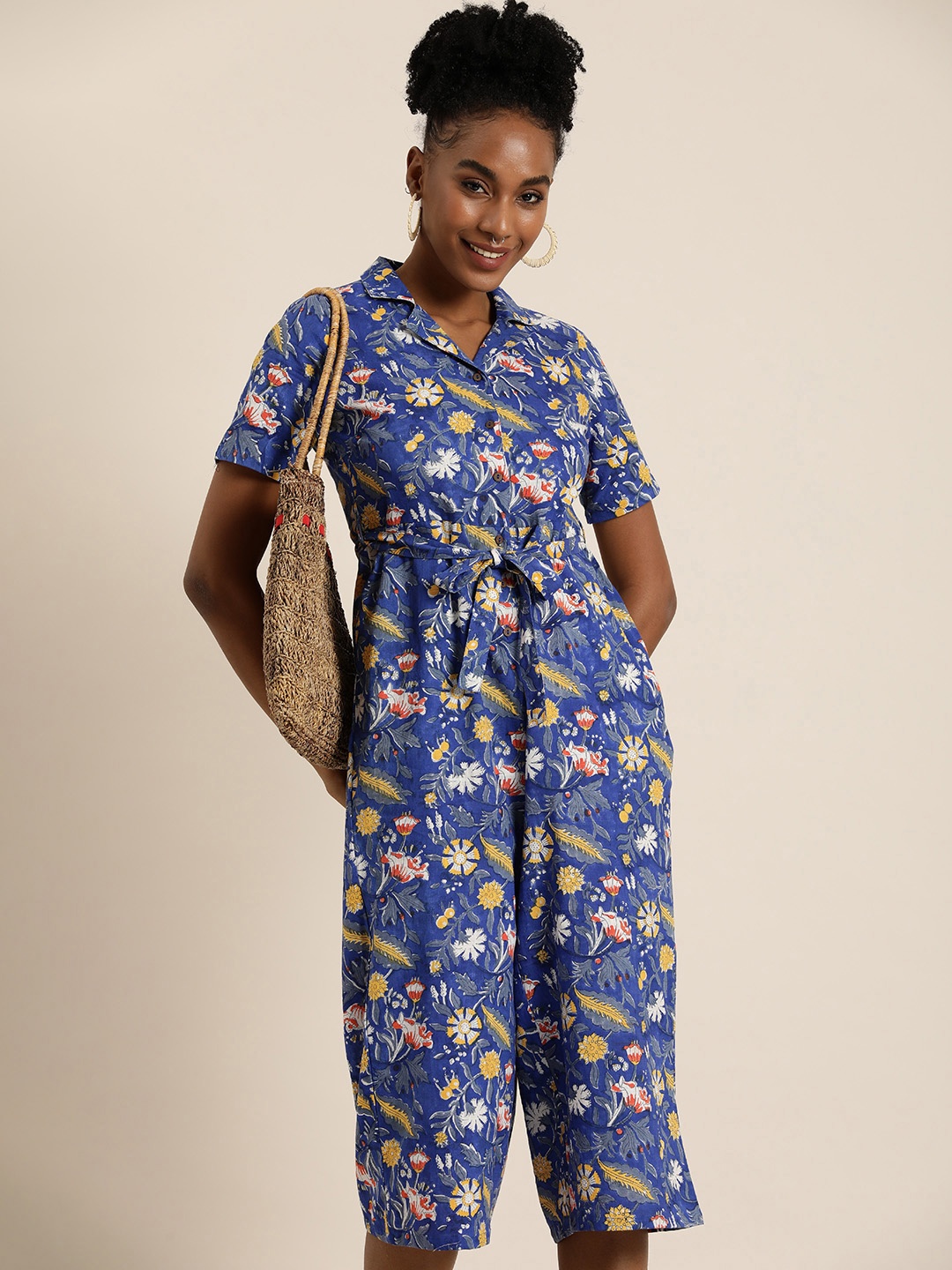 

Taavi Sangeneri Floral Printed Pure Cotton Capri Jumpsuit With Fabric Belt, Blue