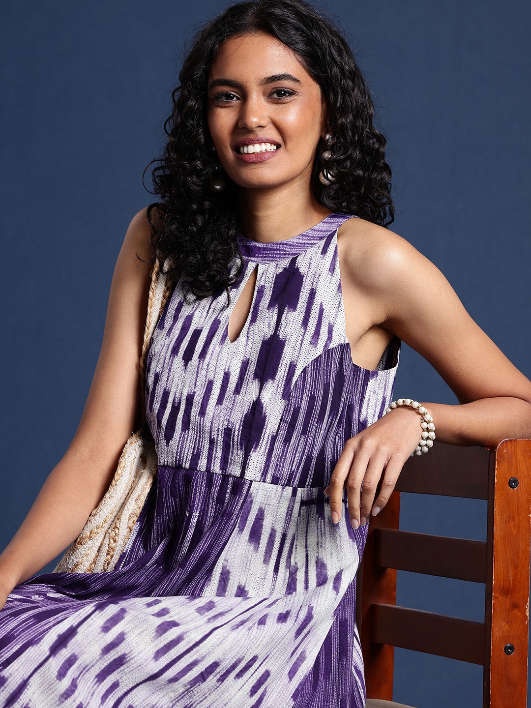 

Taavi Pure Cotton Printed Shibori A-Line Ethnic Dresses, Purple