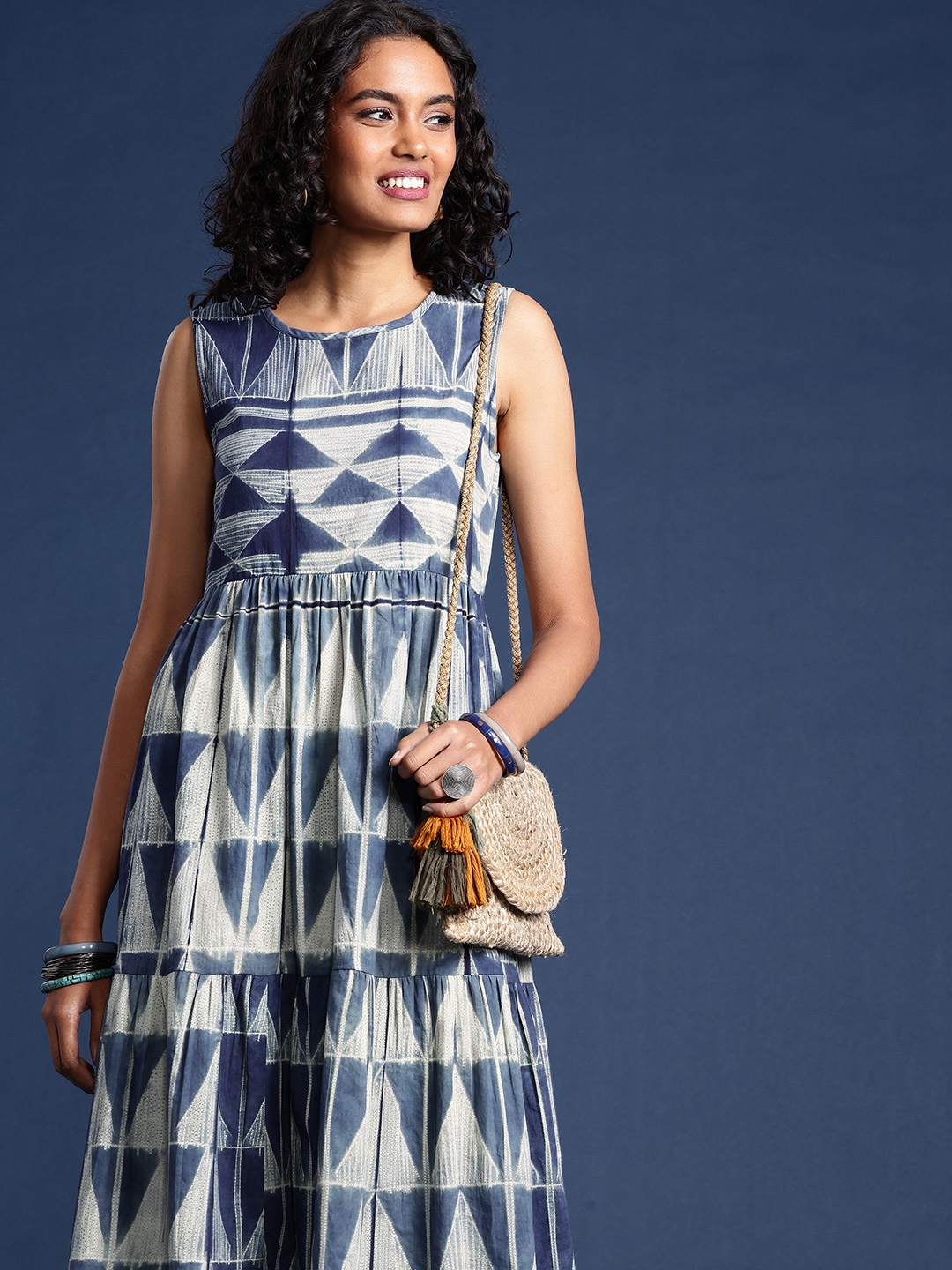 

Taavi Pure Cotton Printed Shibori A-Line Ethnic Dresses, Blue