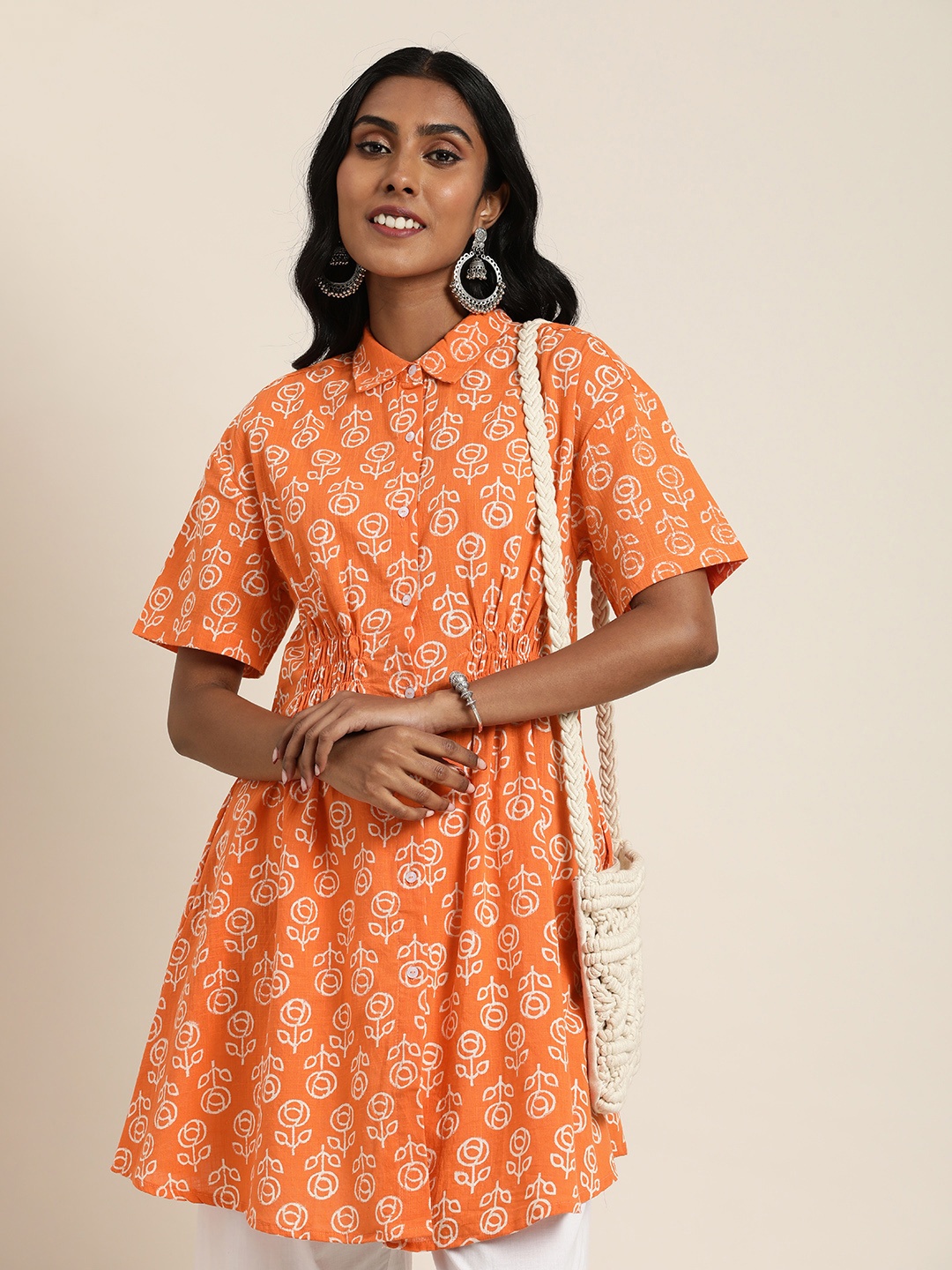 

Taavi Bagru Pure Cotton Floral Printed Shirt Style Tunic, Orange