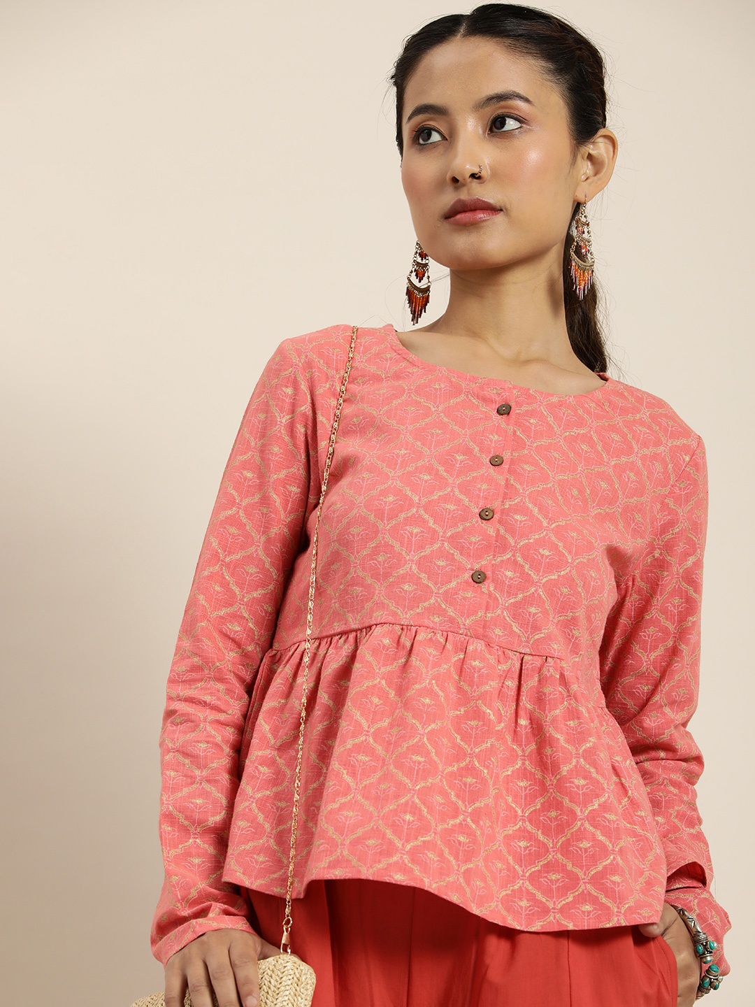 

Taavi Bagru Ethnic Printed Tunic With Gathered Detailing, Coral