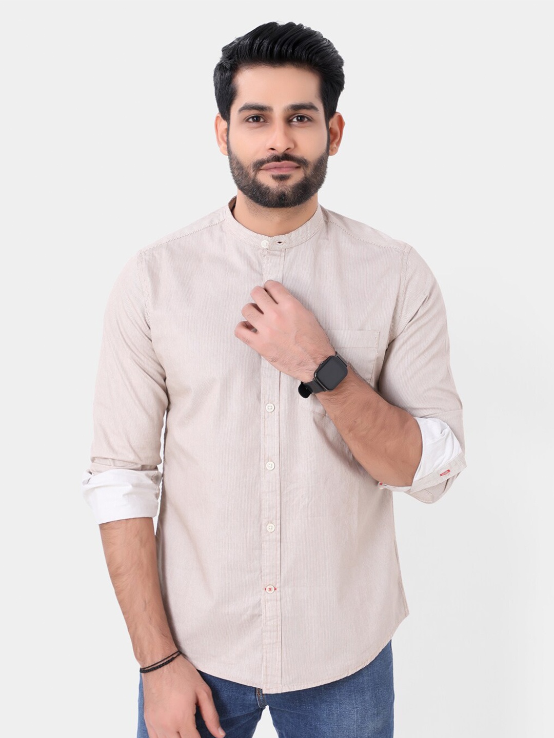 

VASTRADO Men Striped Mandarin Collar Casual Cotton Shirt, White