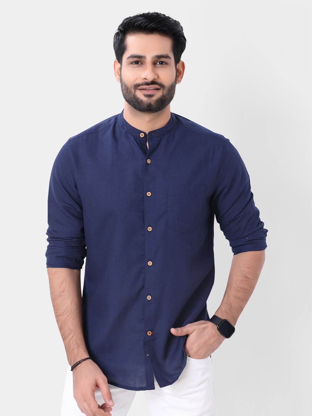 

VASTRADO Men Mandarin Collar Casual Cotton Shirt, Navy blue