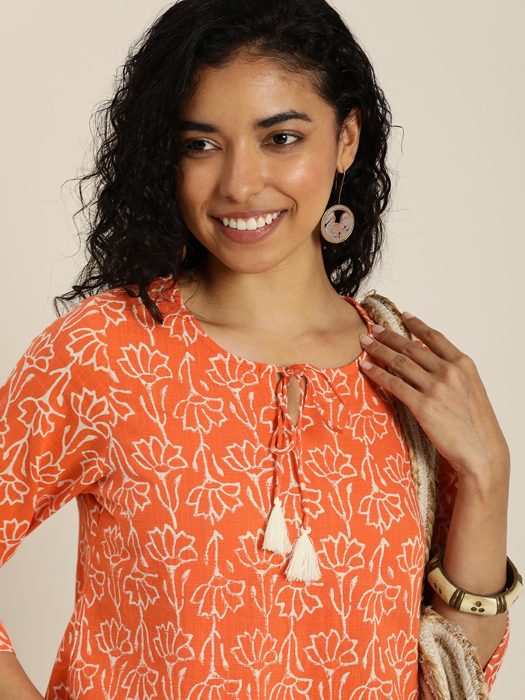 

Taavi Bagru Floral Printed Pure Cotton Top, Orange