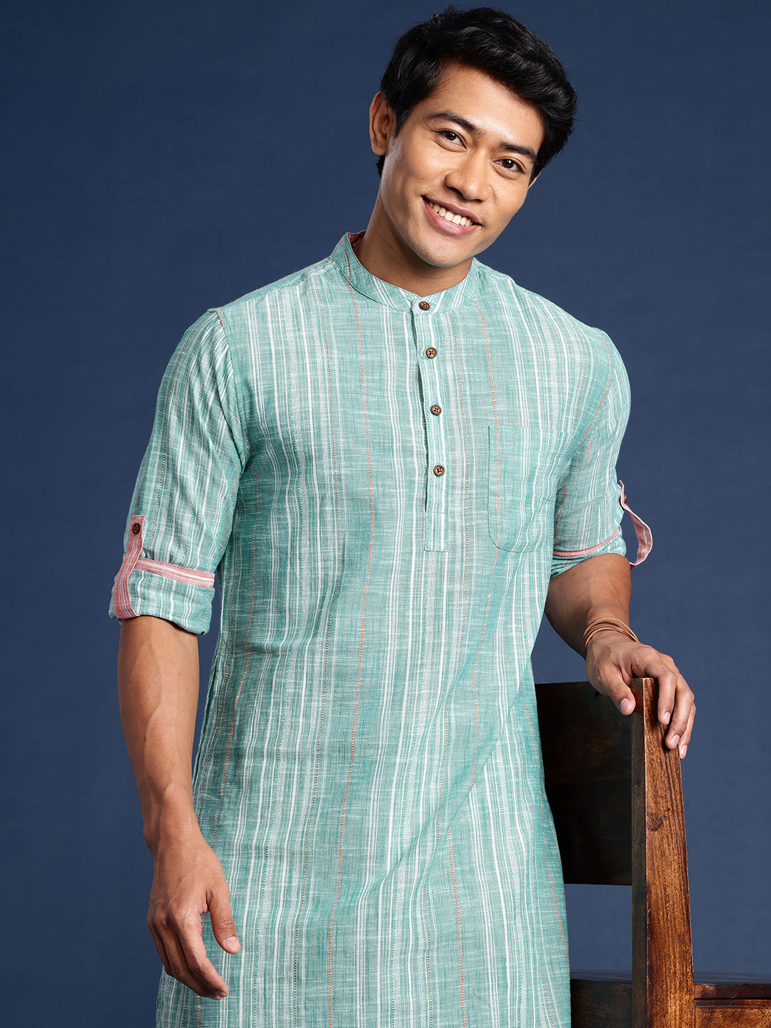 

Taavi Men Woven Legacy Pure Cotton Striped Kurta, Green