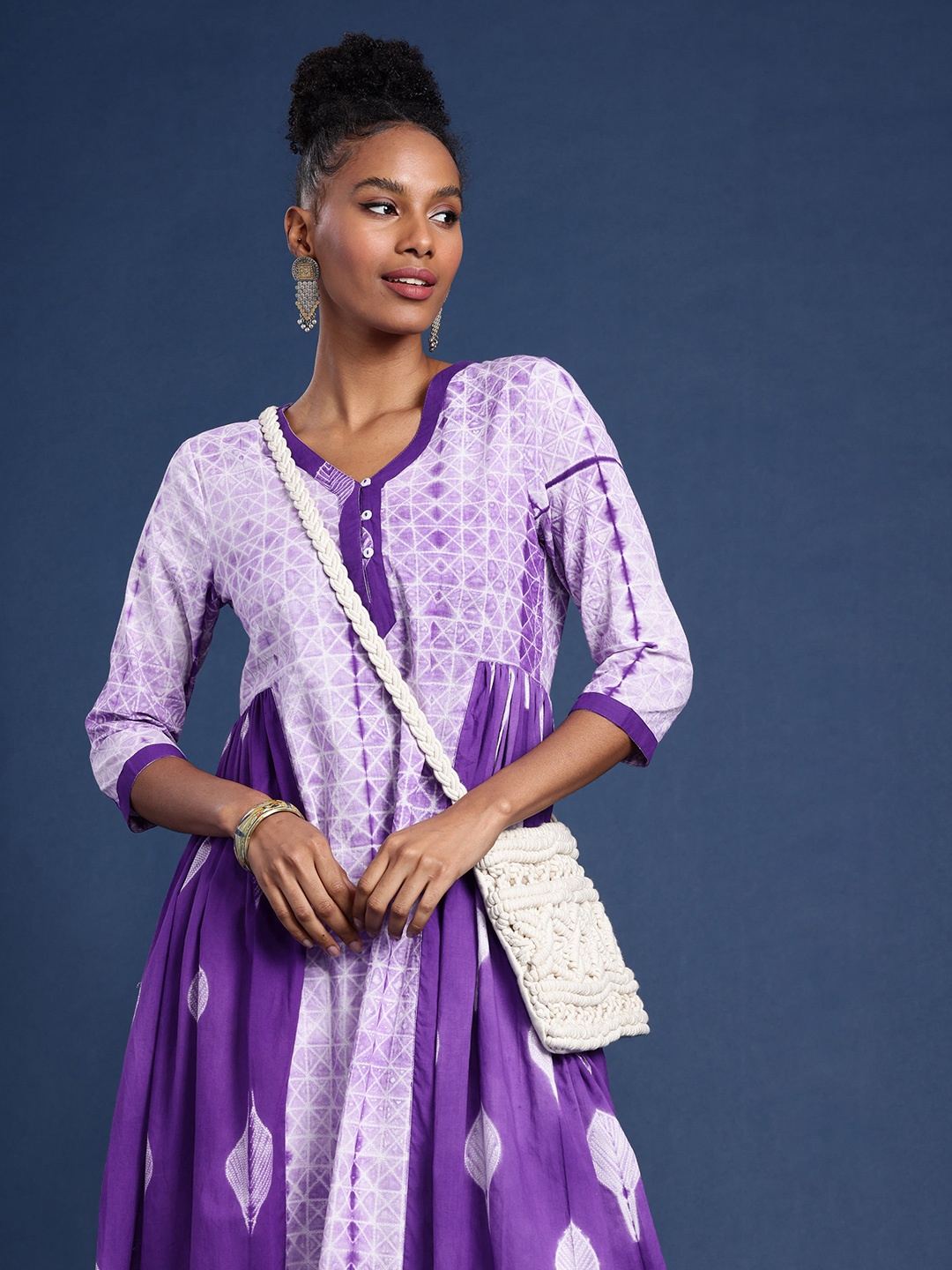 

Taavi Shibori Pure Cotton Printed A-Line Kurta, Purple