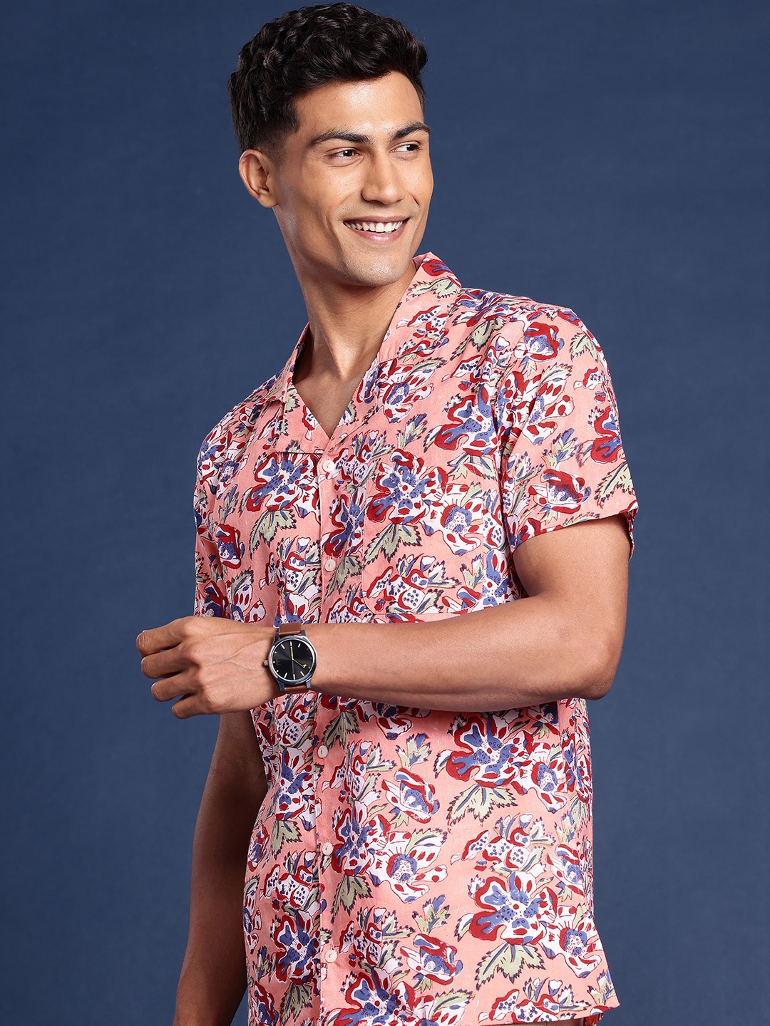 

Taavi Block Print Legacy Pure Cotton Floral Printed Casual Shirt, Peach