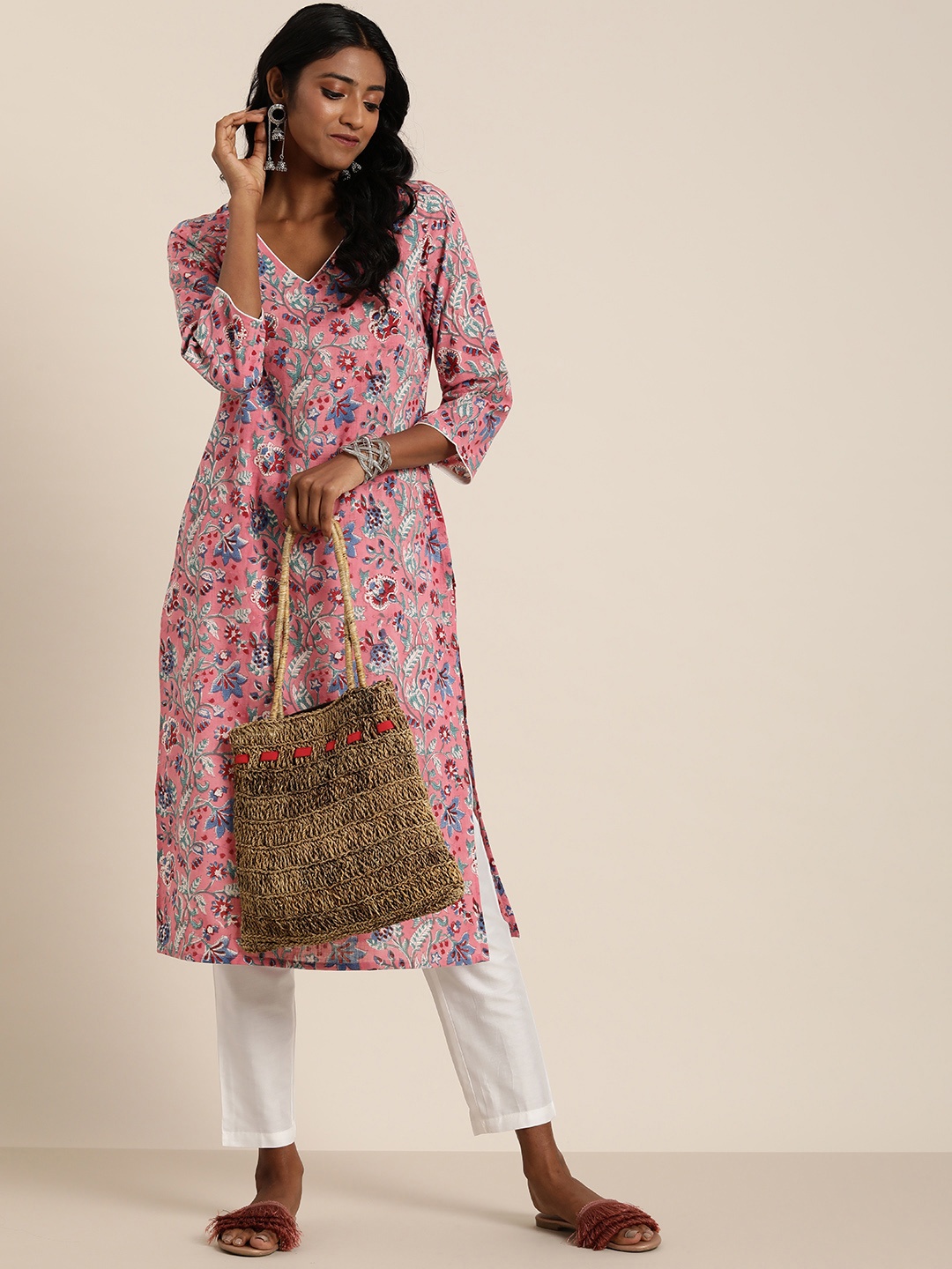 

Taavi Shibori Floral Printed Pure Cotton Kurta, Pink