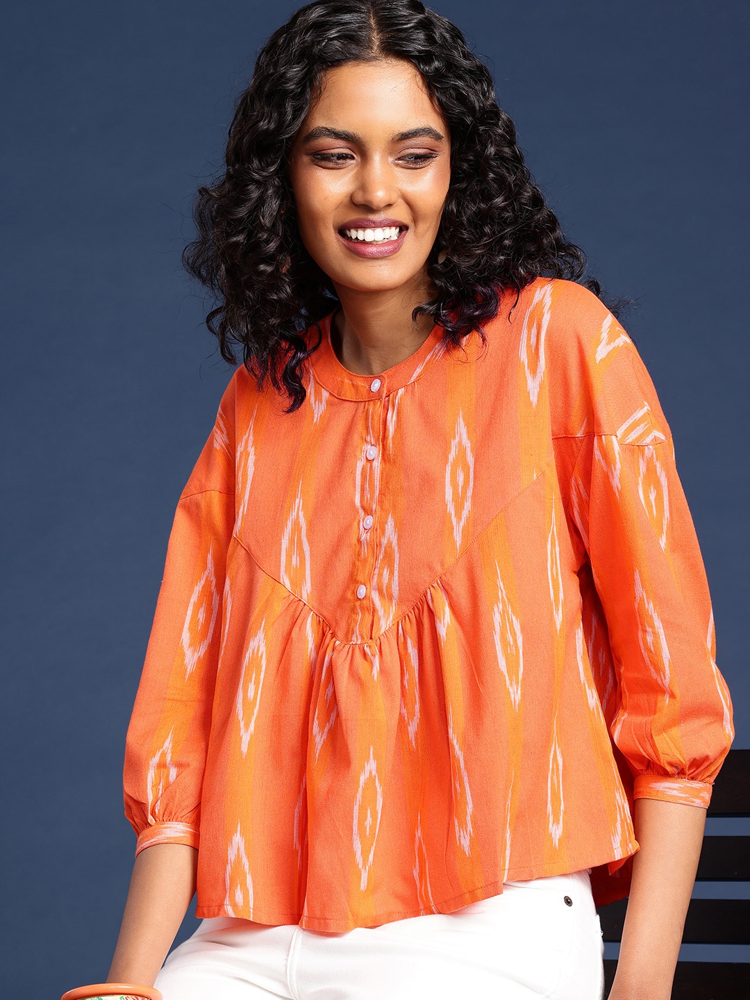 

Taavi Ikat Printed Mandarin Collar A-Line Top, Orange
