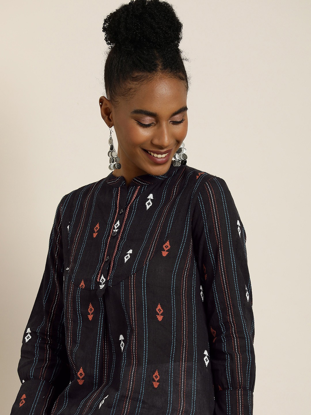 

Taavi Woven Legacy Long Sleeves Pure Cotton Kurti, Black