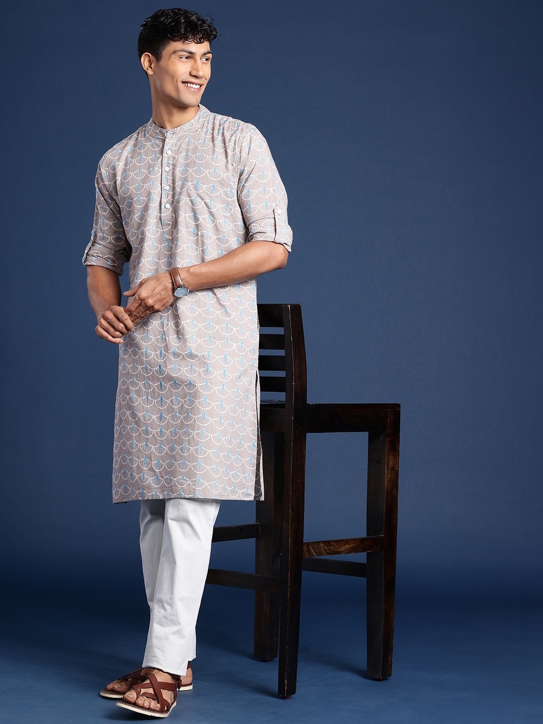 

Taavi Bagru Printed Pure Cotton Straight Kurta, Grey