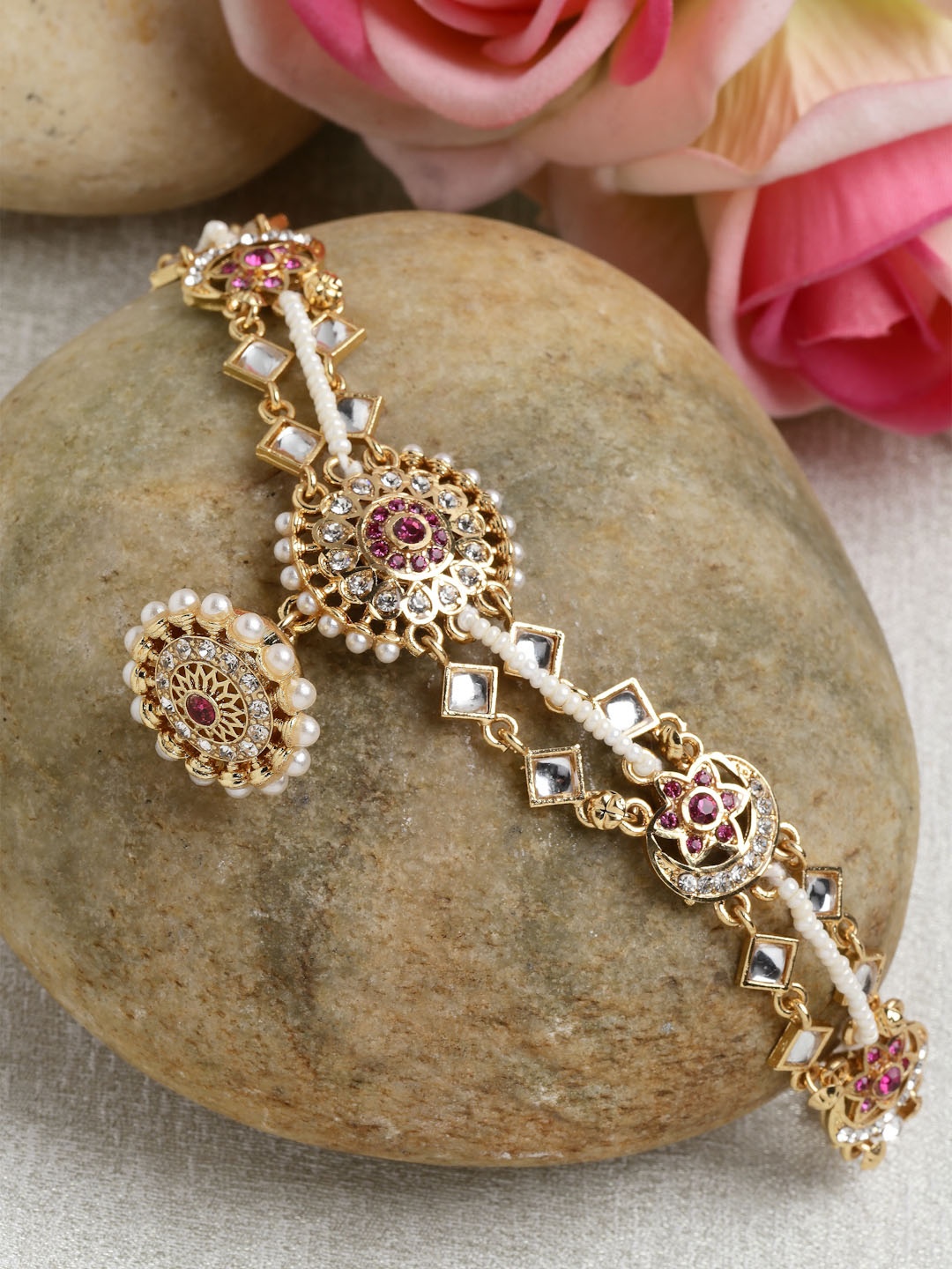 

Sanjog Gold-Plated Kundan-Studded & Pearl Beaded Sheesh Phool Matha Patti, Pink