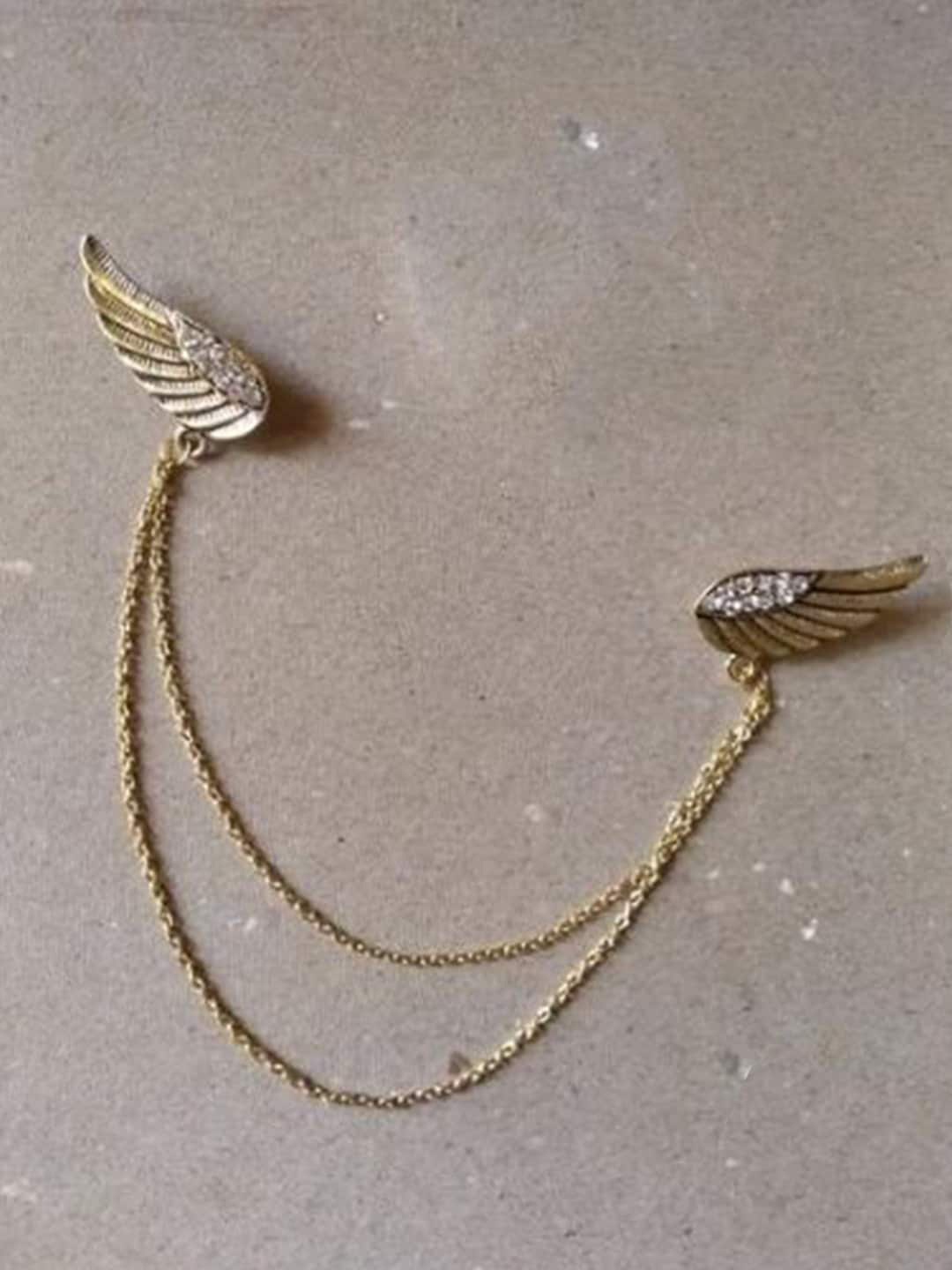 

Mahi Men Textured Stone-Studded Double Wing Chain Brooch, Gold