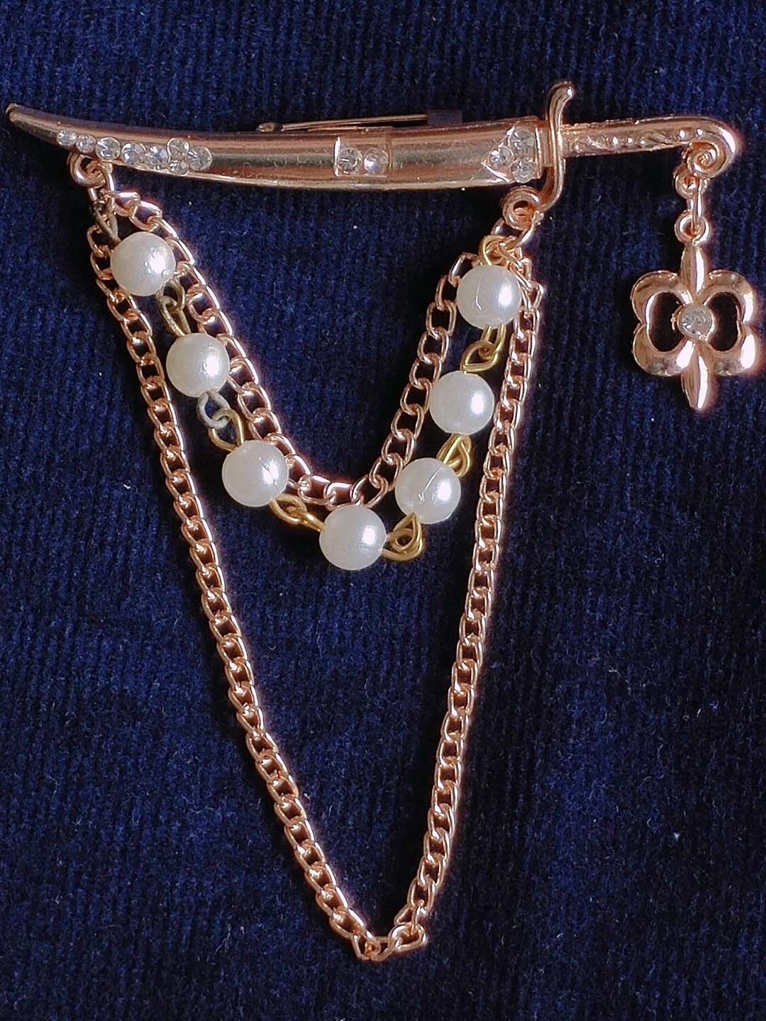 

Mahi Men Alloy Sword-Charm Triple Layer Chain Brooch, White