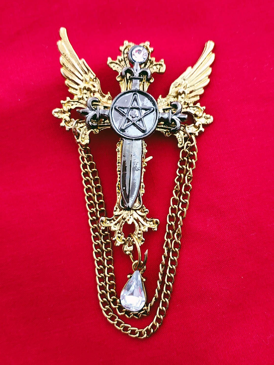 

Mahi Men Alloy Cross & Wings Charm Brooch, White