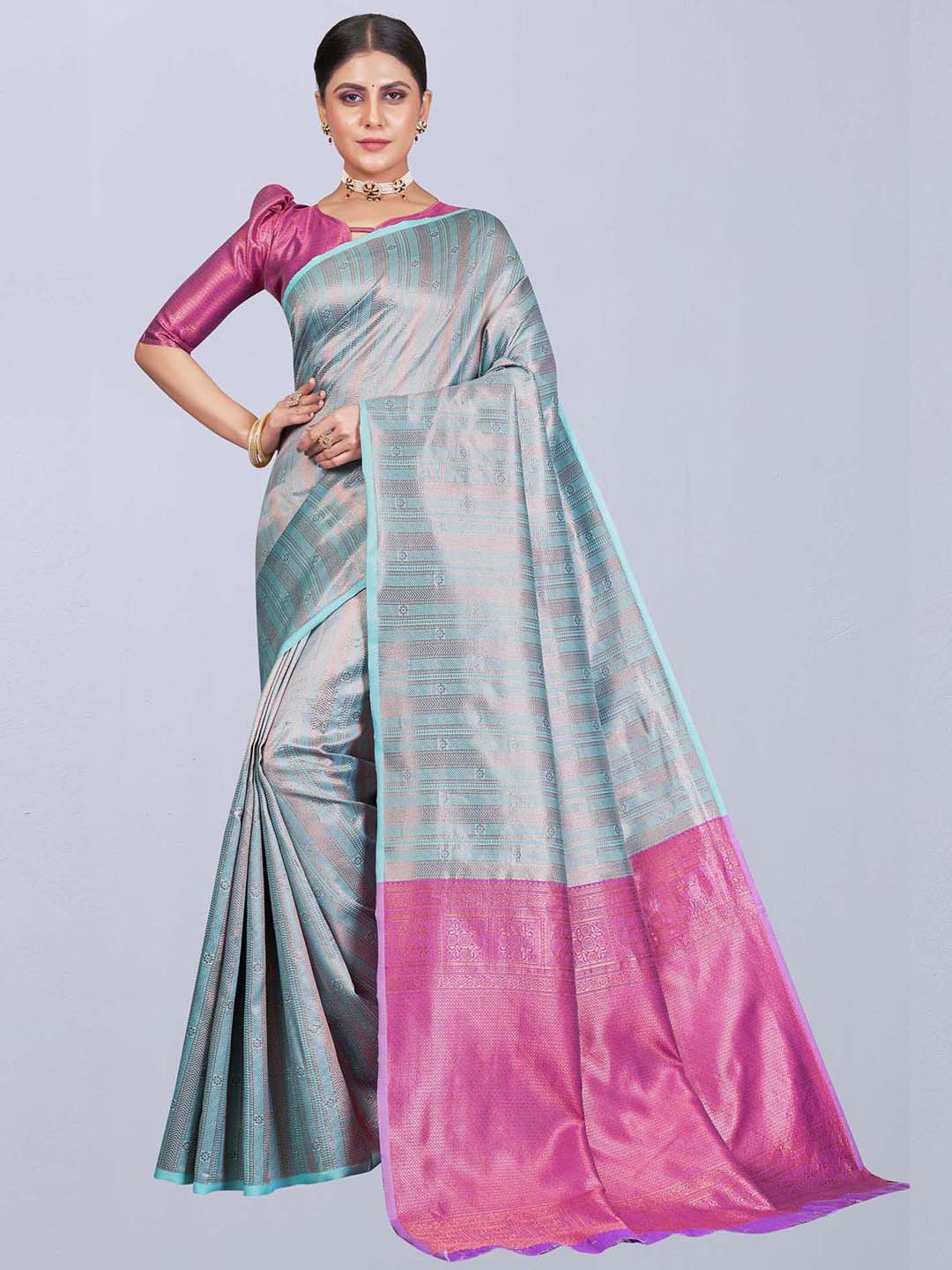

SIRIL Striped Woven Design Zari Banarasi Saree, Blue