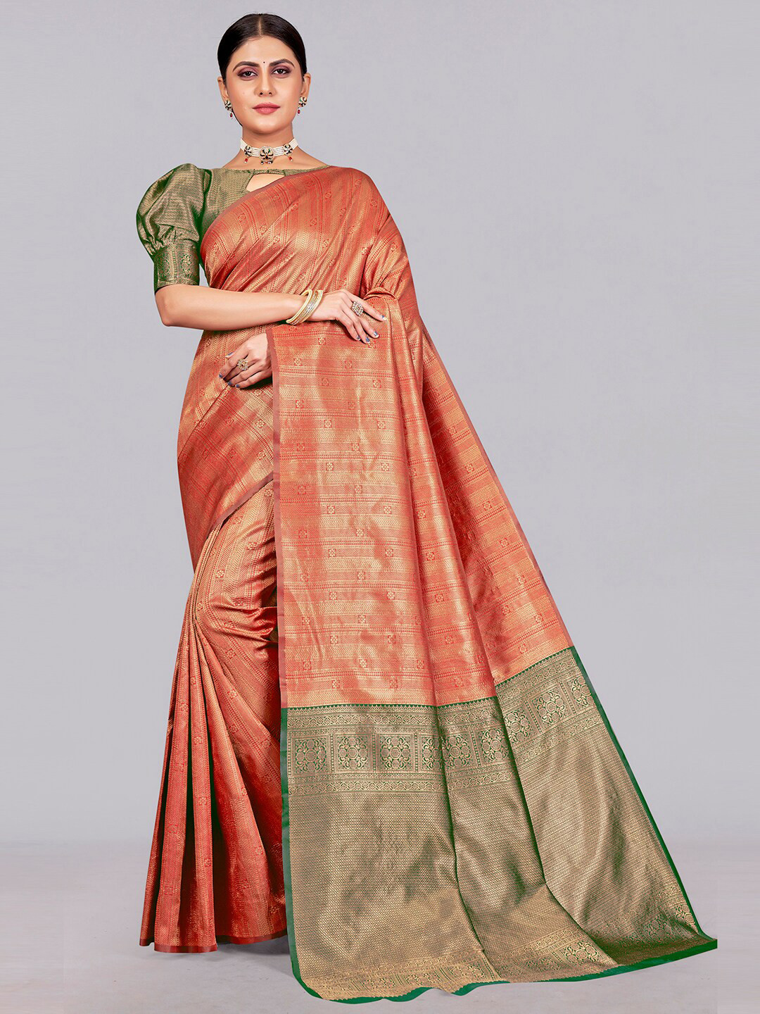 

SIRIL Striped Woven Design Zari Banarasi Saree, Orange